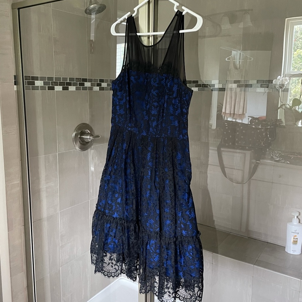 Blue and black lace Anthropologie dress.